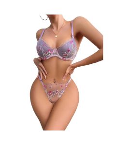 House Of Dasein Dnika Pure Desire Sexy Girl Floral Embroidery Mesh Gathered Slimming Lingerie Purple - Light Purple - M
