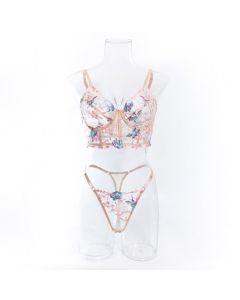 House Of Dasein Sweet Floral Embroidered Boned Camisole And Thong Set For Women's Sexy Hollow Out Lingerie - Apricot Pink - S