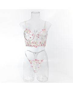 House Of Dasein Sweet Floral Embroidered Boned Camisole And Thong Set For Women's Sexy Hollow Out Lingerie - White - S