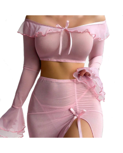 House Of Dasein Transparent Mesh Uniform Temptation High Slit Long Skirt Erotic Lingerie Set - Pink - Xl