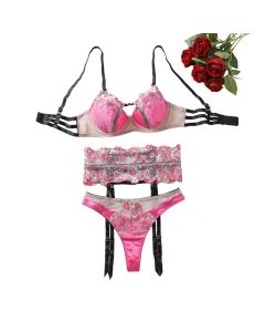 House Of Dasein Sexy Mesh Perspective Embroidery Flower Gathering Fun Underwear 3-Piece Set - Black Pink - L