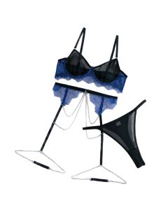House Of Dasein Sexy Lingerie Lace Mesh Splicing Contrast Color Gathered Transparent With Chain Three-Piece Set - Black - M