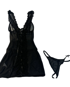 House Of Dasein Sexy Lace V-Neck Transparent Temptation Nightgown Erotic Underwear Pure Desire With Thong - Black - L