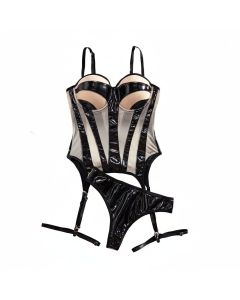 House Of Dasein Sexy Leather Fabric Spliced Mesh Suspender Lingerie Three Piece Set - Black Skin Color - M