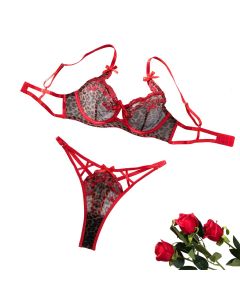House Of Dasein Sexy Leopard Print Red Embroidered Cherry Thin Push-Up Bow Bra Women's Two-Piece Set - Red - M