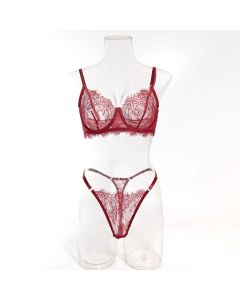 House Of Dasein Sexy Lace Bra And Underwear Set For Women - Lightweight Breathable - Wine Red - S