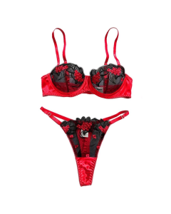 House Of Dasein Underwear Three Point Sexy Mesh Embroidery Perspective Fun Lingerie Set Women's Pants Temptation - Red - S