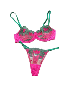House Of Dasein Underwear Three Point Sexy Mesh Embroidery Perspective Fun Lingerie Set Women's Pants Temptation - Rose Red - S