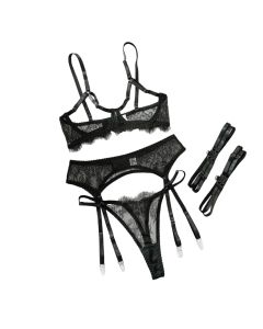 House Of Dasein Sexy Black Lace Hollow-Out No-Removal Passion Temptation Erotic Underwear Four-Piece Set - Black - L