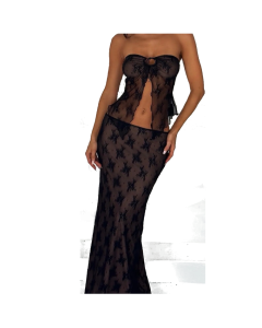 House Of Dasein Lace Embroidery Sexy Tie Strapless Floor Length Long Skirt Three Piece Set For Women - Black - S