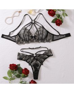 House Of Dasein Lace Embroidery Brings Together Sexy Lingerie And Underwear Set - Black - M