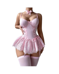 House Of Dasein Cross-Border Pure Desire Shapewear Jumpsuit With Suspender Stockings Set Erotic Lingerie Sexy Mesh Bow Suspenders Lace Dress - Pink - M
