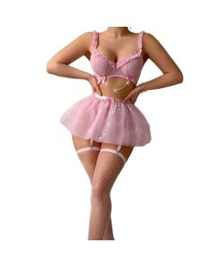 House Of Dasein Cross-Border Foreign Trade Fashion Simple Sexy Beaded Chain Transparent Mesh Pleated Lace Strap Lingerie Set - Pink - L