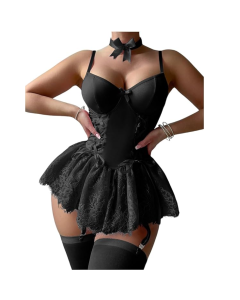 House Of Dasein Cross-Border Pure Desire Shapewear Jumpsuit With Suspender Stockings Set Erotic Lingerie Sexy Mesh Bow Suspenders Lace Dress - Black - M