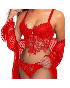 House Of Dasein Cross-Border Sexy Lingerie Seductive Three-Piece Transparent Backless Lace Trim Tempting Sleepwear Two-Piece Set - Red - Xl