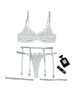 House Of Dasein Cross-Border Sexy Lingerie Lace Trim Rhinestone Transparent Thong Garter Belt Four-Piece Set - White - L