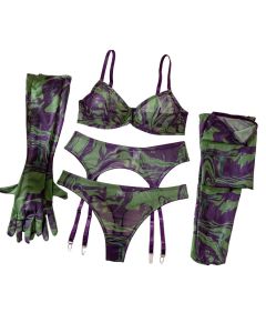 House Of Dasein Erotic Lingerie Set With Gloves And Socks - Sexy Underwear Lace Printed Fabric - Green - S