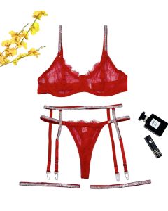 House Of Dasein Cross-Border Sexy Lingerie Lace Trim Rhinestone Transparent Thong Garter Belt Four-Piece Set - Red - L