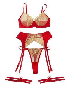 House Of Dasein Collision Pornographic Fun Embroidery Splicing Mesh Sexy Underwear Four Piece Set For Women - Golden Red - M