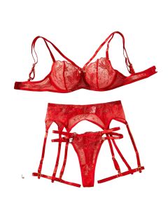 House Of Dasein Flower Embroidery Ultra Thin Perspective Sexy Underwear Four Piece Set - Red - S