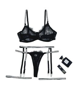 House Of Dasein Cross-Border Sexy Lingerie Lace Trim Rhinestone Transparent Thong Garter Belt Four-Piece Set - Black - M