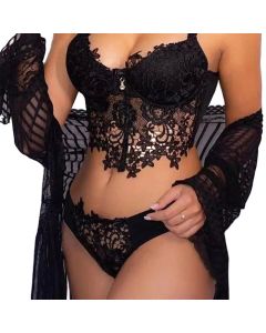 House Of Dasein Cross-Border Sexy Lingerie Seductive Three-Piece Transparent Backless Lace Trim Tempting Sleepwear Two-Piece Set - Black - S