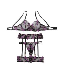 House Of Dasein Purple Sexy Lace Embroidered Bra Collar Underwear Set - Dark Purple - S