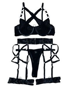 House Of Dasein Cross-Strap Neckline Underwear With Steel Ring Pure Desire Sexy Set For Women - Black - S