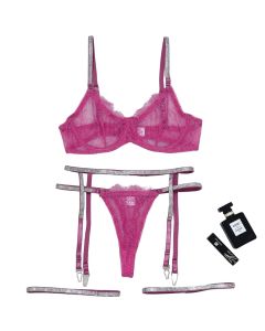 House Of Dasein Cross-Border Sexy Lingerie Lace Trim Rhinestone Transparent Thong Garter Belt Four-Piece Set - Deep Pink - L