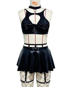 House Of Dasein Lace Sexy Lingerie Set Bra Solid Color Leather Skirt With Fishnet Stockings Women's - Black - Xl