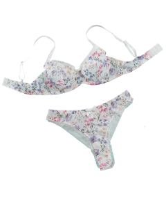 House Of Dasein Sexy Mesh Heart Print Bra Set Ultra Thin Comfortable Tempting Lingerie Two Piece - White Flower - S