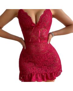 House Of Dasein Sexy Mesh Printed Transparent Lace Strap Nightgown Set For Women's Underwear - Wine Red - S