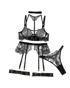 House Of Dasein Heavy Embroidery Metal Buckle Strap Sexy Lingerie Set For Women Transparent Shaping Front Button Five Piece - Apricot Base Black - L