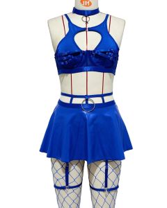 House Of Dasein Lace Sexy Lingerie Set Bra Solid Color Leather Skirt With Fishnet Stockings Women's - Blue - M