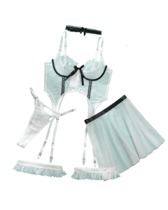 House Of Dasein Lingerie Set Women Lace Splicing Transparent Temptation Sexy Mini Camisole Thong Five Piece - White - L
