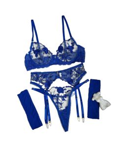 House Of Dasein Embroidered Patchwork Lace Straps For Fun Lingerie Set - Blue - M