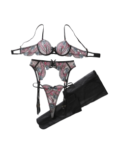 House Of Dasein Color Blocked Floral Embroidery Pure Desire Perspective Shaping Sexy Lingerie Split Set - Black Pink - S