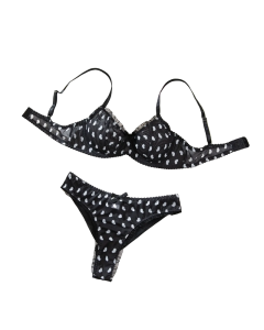 House Of Dasein Sexy Mesh Heart Print Bra Set Ultra Thin Comfortable Tempting Lingerie Two Piece - Black Heart - S