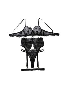 House Of Dasein Embroidered Lace Perspective Gathering Slimming And Shaping Sexy Lingerie Set With Steel Ring - Black - L