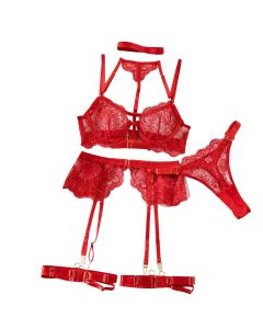 House Of Dasein Heavy Embroidery Metal Buckle Strap Sexy Lingerie Set For Women Transparent Shaping Front Button Five Piece - Red - S