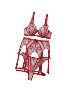House Of Dasein Embroidered Thin Steel Holder Gathers New Floral Sexy Mesh Lingerie Set - Wine Red - S