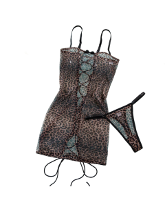 House Of Dasein Leopard Print Strapless Dress Women's Sexy Tie Hollow Temptation Slimming Erotic Lingerie Set - Leopard Print - S