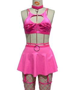 House Of Dasein Lace Sexy Lingerie Set Bra Solid Color Leather Skirt With Fishnet Stockings Women's - Pink - S