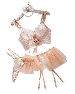 House Of Dasein Lingge Embroidery Sexy Strap Mesh Puff Skirt Underwear Set - M