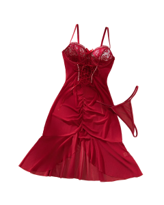 House Of Dasein Cross Border Sexy Lace Transparent Temptation Ultra Thin Mesh Dress And Thong Set - Wine Red - L