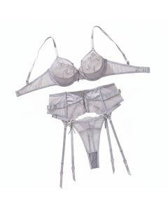 House Of Dasein Perspective Embroidered Mesh Splicing Sexy Underwear 3-Piece Set - Silver - M