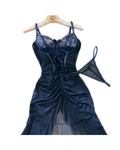 House Of Dasein Cross Border Sexy Lace Transparent Temptation Ultra Thin Mesh Dress And Thong Set - Navy Blue - S