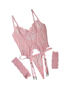 House Of Dasein Lace Trimmed Cute And Sexy Spliced Sheer Fitted Bra Lingerie Set - Pink - L