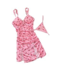 House Of Dasein Sexy Lingerie Pink Printed Valentine's Day Strap Nightgown Uniform Temptation Thong Set - Pink - L