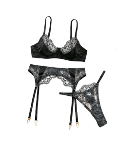 House Of Dasein Sexy Embroidered Lace Bra Underwear Hollow Out Three Piece Backless Women's Lingerie With Silk Stockings - Black - S